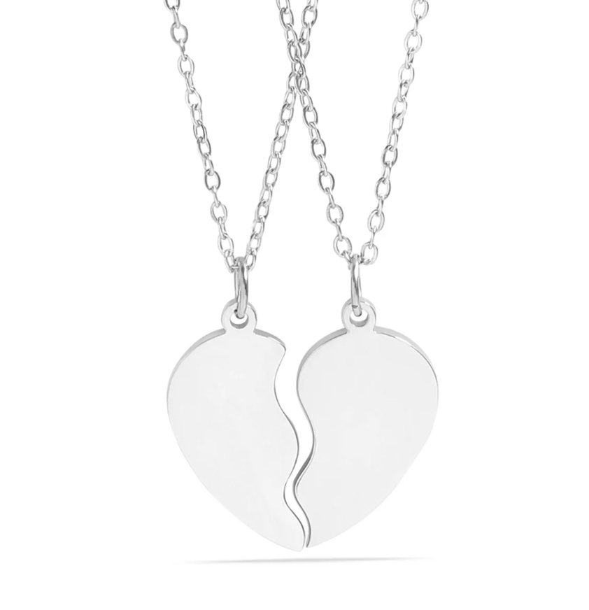 Stainless Steel Break Apart  Heart Necklace Set - SILVER