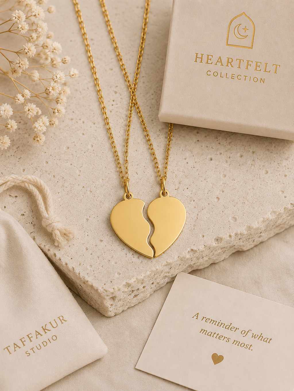 18K Gold PVD Stainless Steel Break Apart  Heart Necklace Set - GOLD