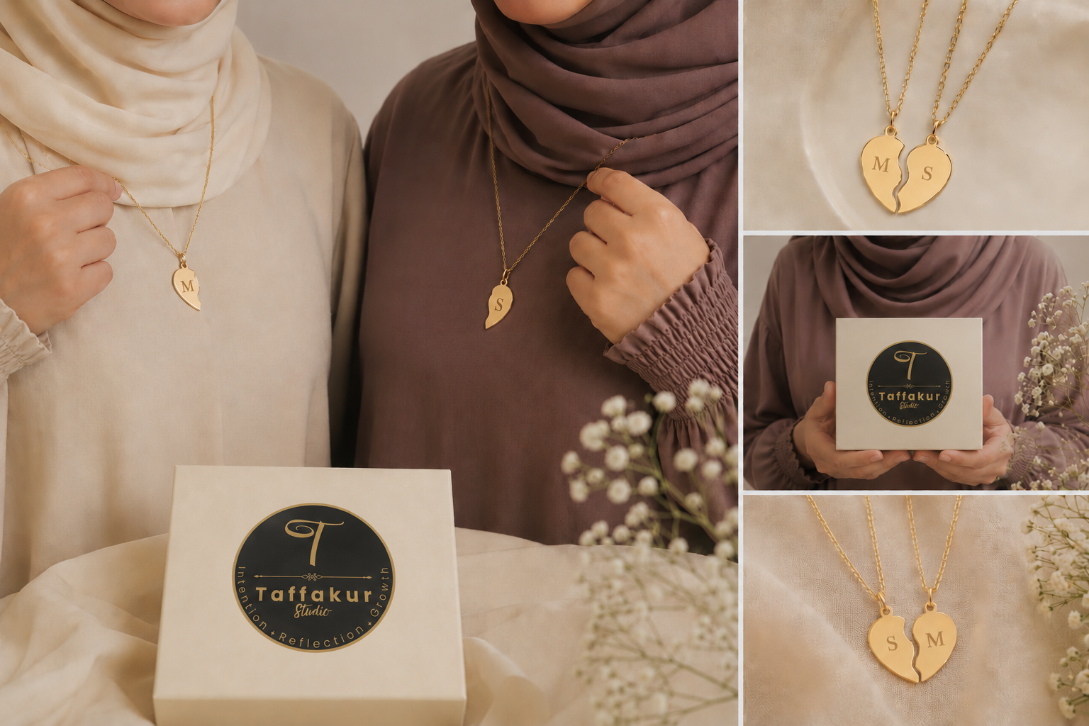 18K Gold PVD Stainless Steel Break Apart  Heart Necklace Set - GOLD