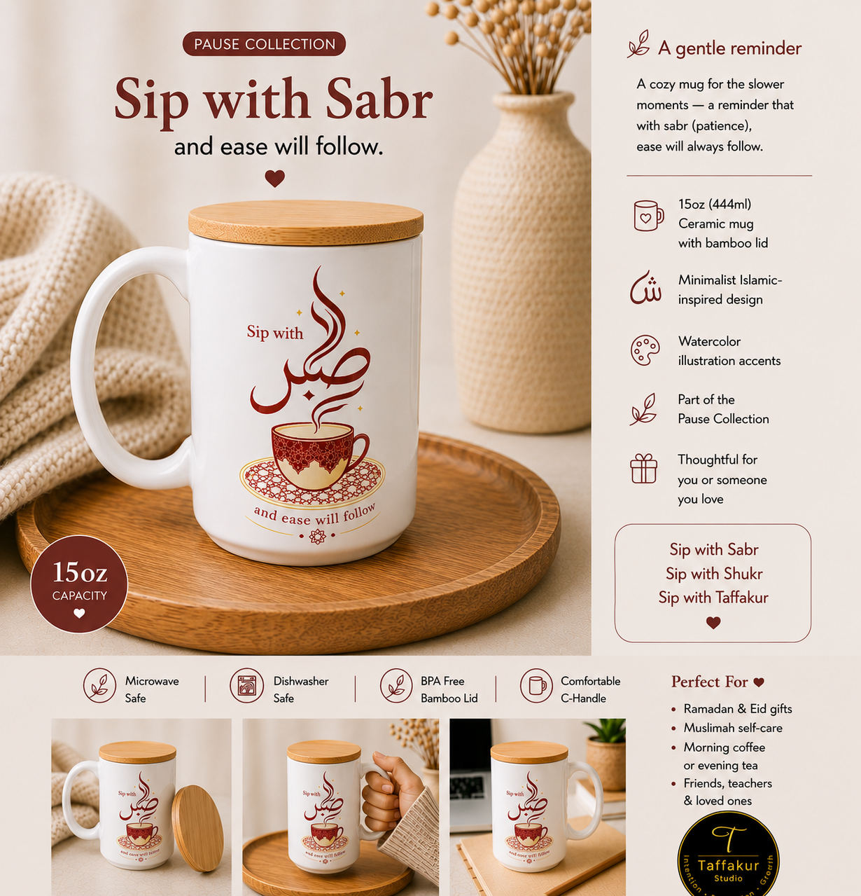 Sip with Sabr Mug | Islamic Reminder Mug | 15oz Ceramic Gift