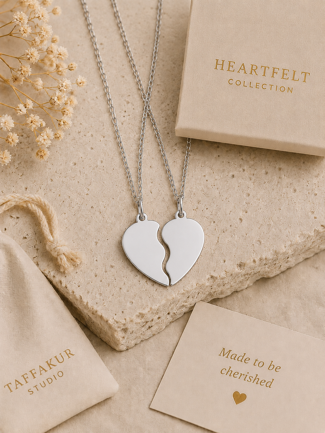 Stainless Steel Break Apart  Heart Necklace Set - SILVER